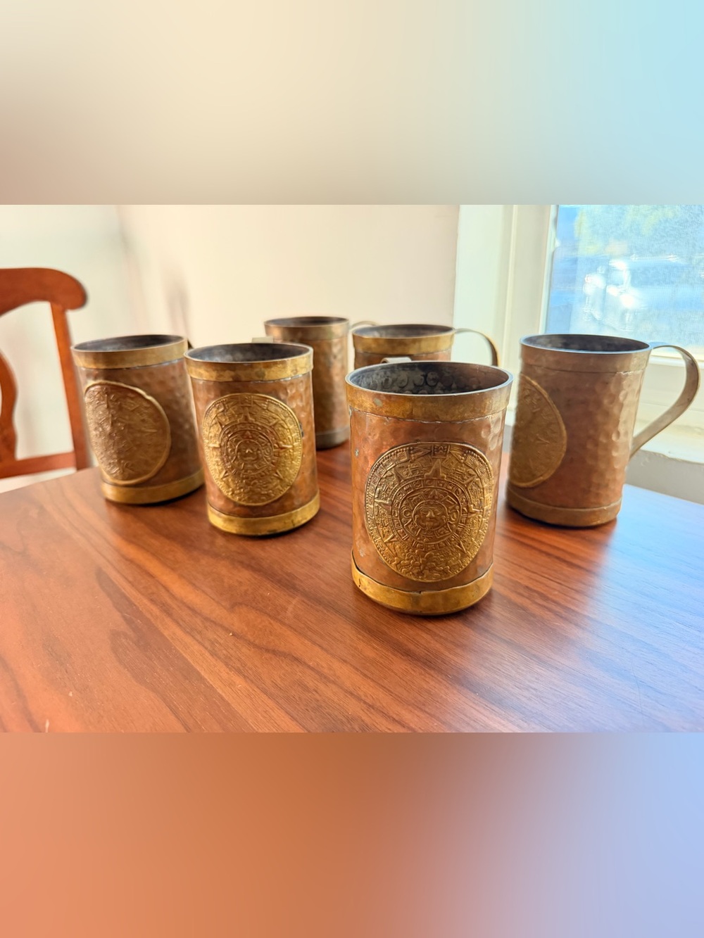 Vintage Set of 6 Hammered Copper Mugs w/ Aztec Calendar Medallions Copper/Brass